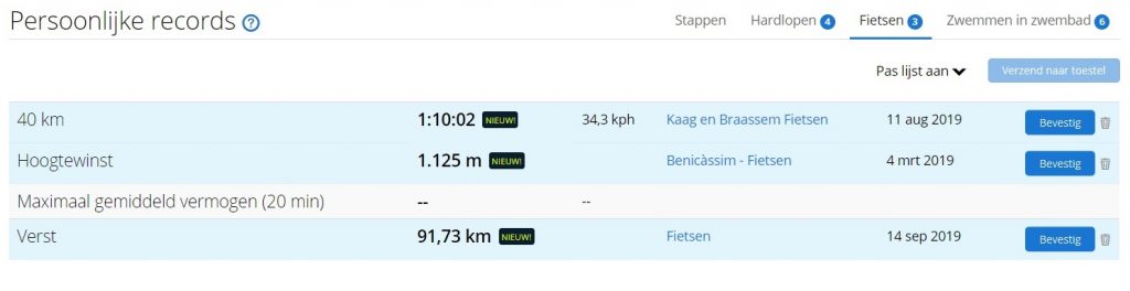 Persoonlijk record Garmin Fiets en gemiddelde records Connect