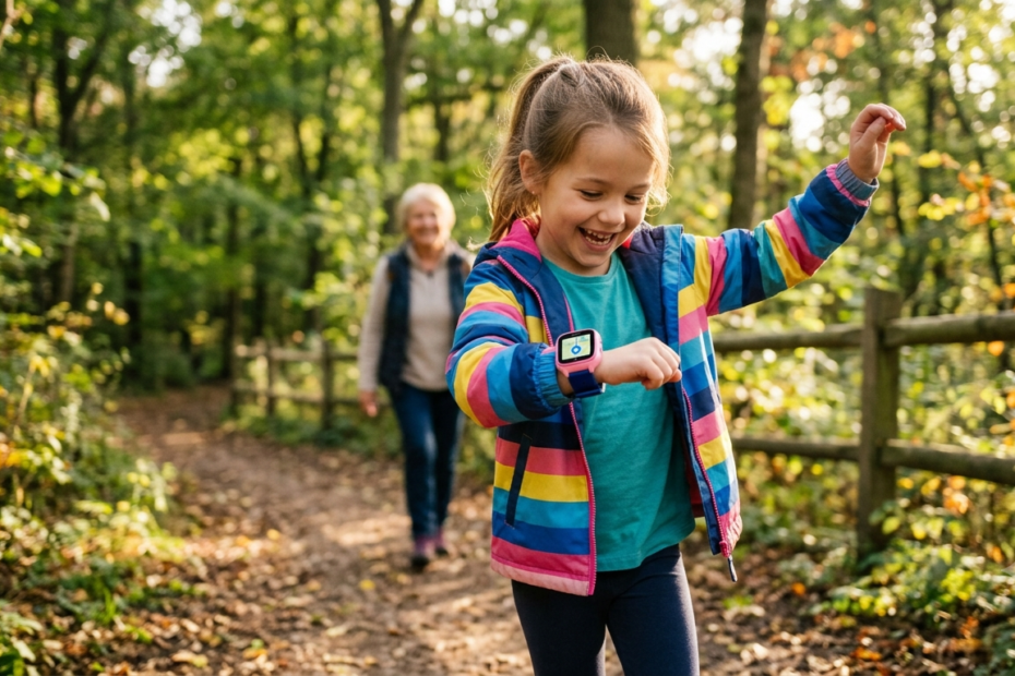 kind met gps horloge in het bos