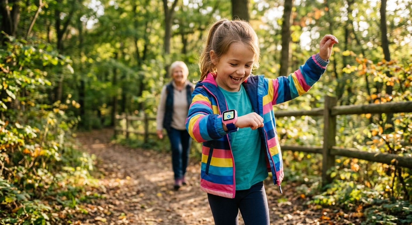 kind met gps horloge in het bos